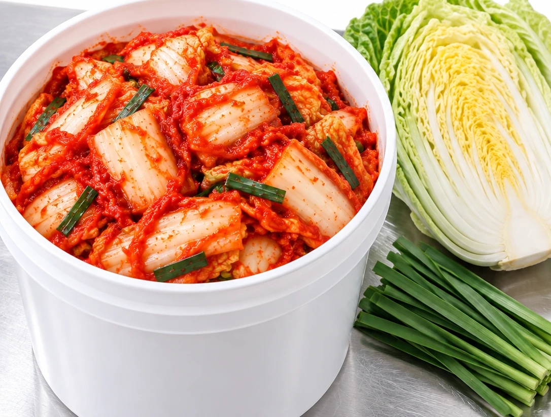 A white bulk bucket of napa cabbage kimchi alongside napa cabbage and garlic chives