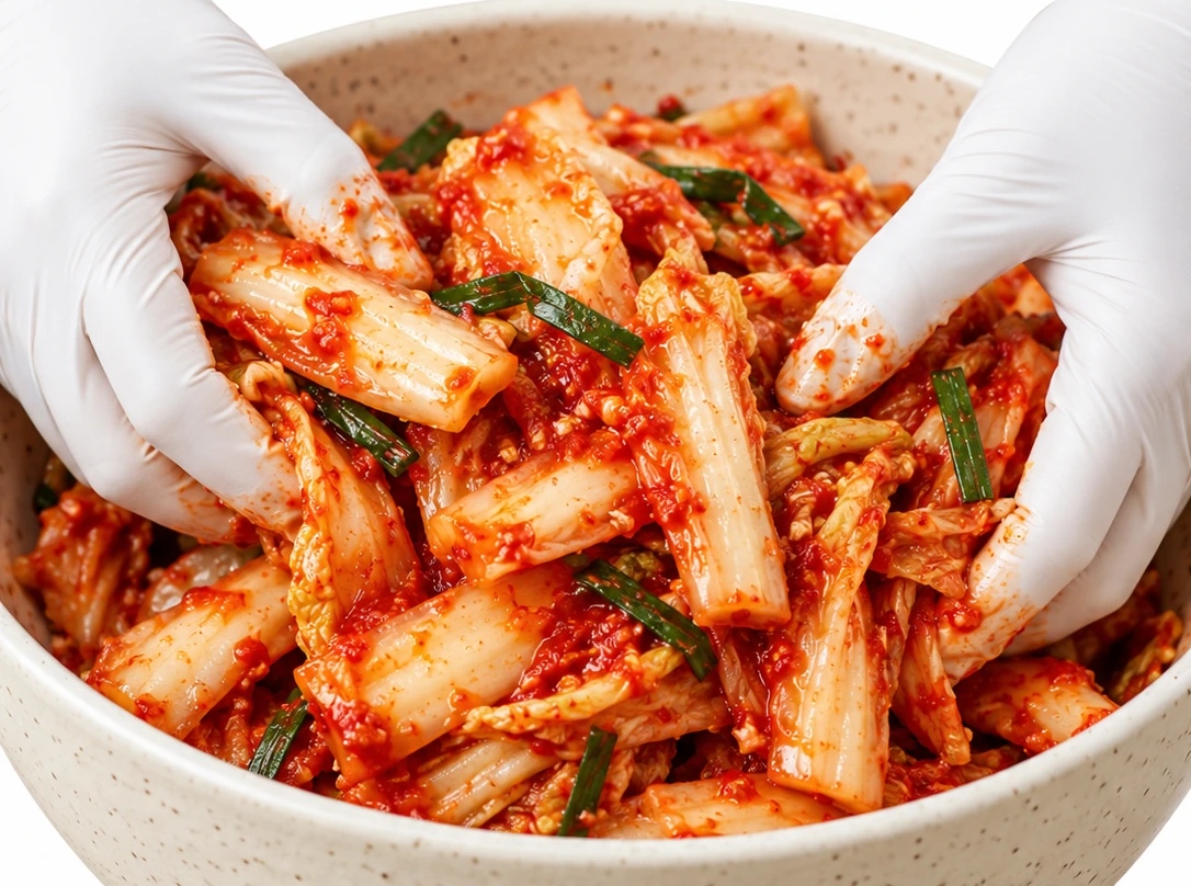White-gloved hands mixing glossy red-orange napa cabbage kimchi in a ceramic bowl