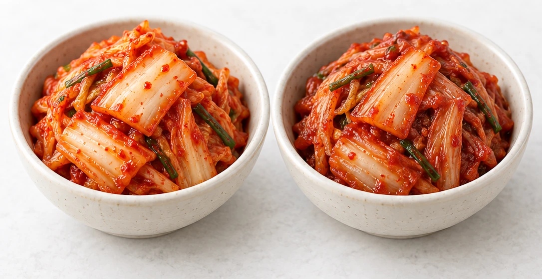 Fresh kimchi in a cream ceramic bowl