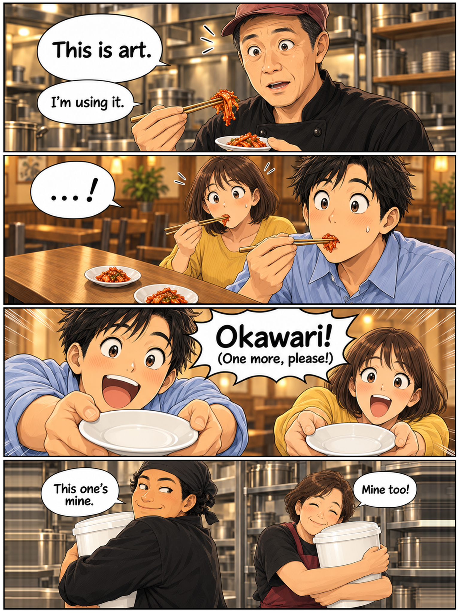OKAWARI manga: a chef says ‘This is art. I’m using it.’ Two guests taste kimchi, then ask ‘Okawari! One more, please!’ Two staff members hug their own buckets.